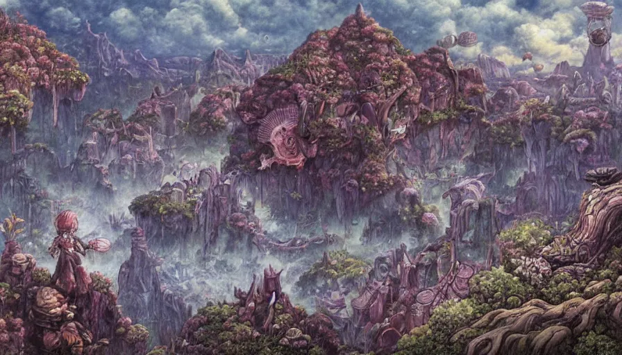 Image similar to made in abyss vast landscape drawn by daniel merriam