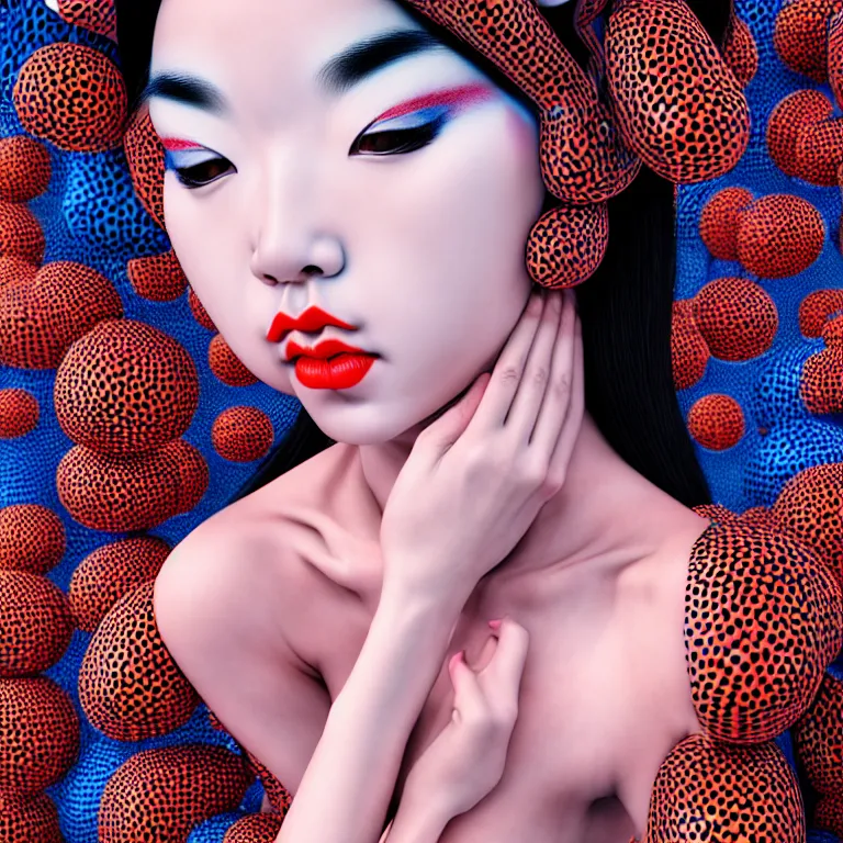 Image similar to hyperrealistic detailed image of a geisha laying in a art installation room, hd smooth interior by yayoi kusama, part by kei mieno, part by ross tran, dark art by james jean, ultra realistic, highly detailed, life like face, detailed body, 8 k, 3 d render by roger magrini, very cohesive, masterpiece