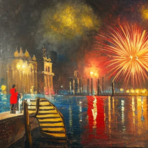 Image similar to an oil painting of couple kissing, in a background fireworks in venice