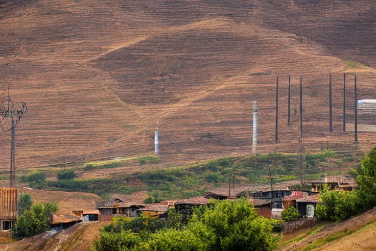 Image similar to looking down road of warehouses. hills background with radio tower on top. telephoto lens compression.