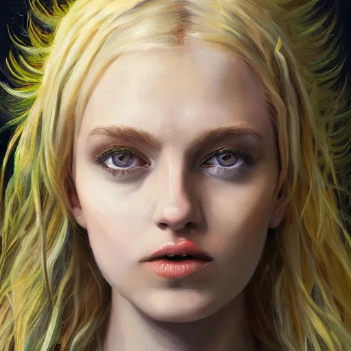 Image similar to a symmetrical portrait of a blonde woman with plants in hair, oil painting, pale colors, high detail, 8 k, wide angle, trending on artstation,