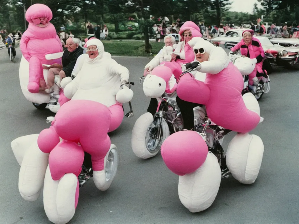 Prompt: a martin parr photo of a grandpa couple, wearing michelin man white body costumes, going super fast on a pink pig, 1 9 7 0 s kodachrome colour photo, flash on camera,