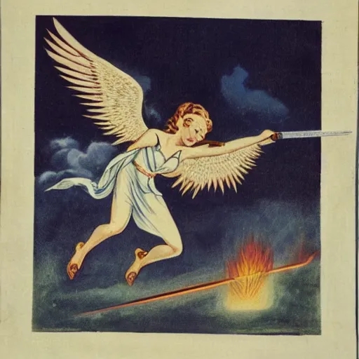 Prompt: propaganda piece featuring an angel holding a flaming sword, flying in the sky, health, strength, confidence