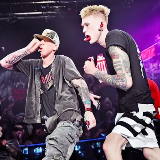 Image similar to Machine Gun Kelly beating Eminem in a rap battle