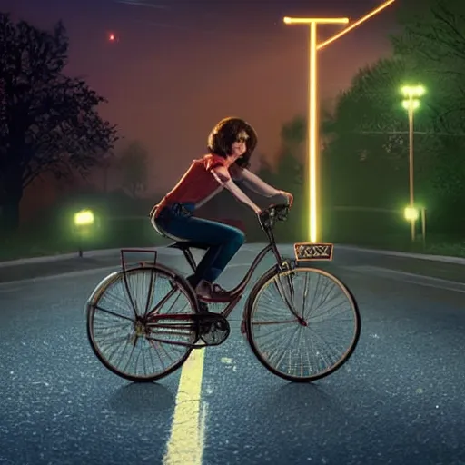 Prompt: wendy thomas as ( maxine mayfield ) from stranger things riding her bike in the middle of the street, the bike's flashlight illuminating the ground, the clear sky, realistic, extremely high details, photorealistic, 2 0 2 2 s, soft lighting, 4 k, human photo