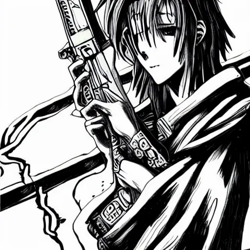 Prompt: jesus in an anime style between heaven and hell holding a gun , badass, highly detailed