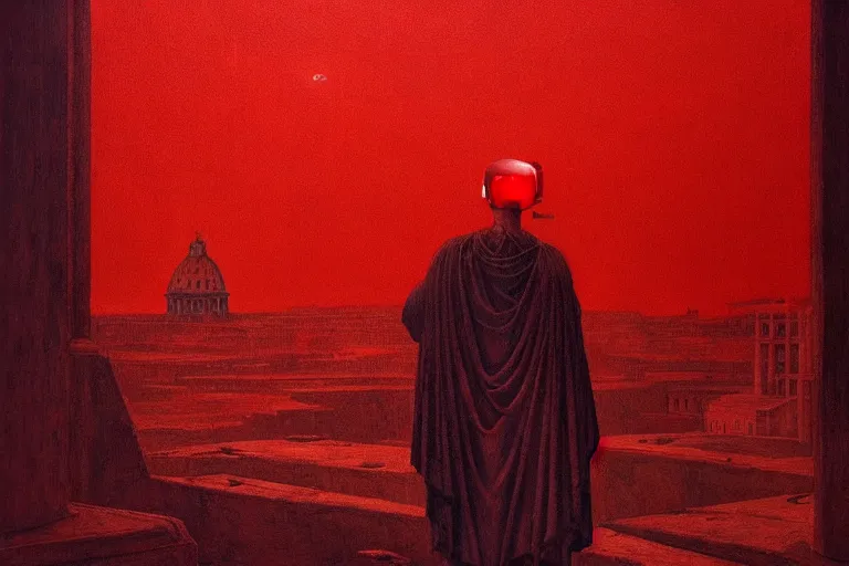 Image similar to only with red, caesar after war, a red tiger, in hoc signo vinces, rome in background, an ancient path, in the style of beksinski, part by hopper, part by rodcenko, part by hofbauer, intricate composition, red by caravaggio, insanely quality, highly detailed, masterpiece, red light, artstation