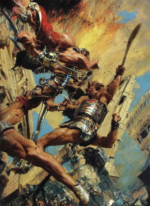 Image similar to huge warrior jocko willink vs godlike achilles at the walls of troy, dynamic action science fiction, by john berkey and lawrence alma tadema and rick berry and norman rockwell and jack kirby