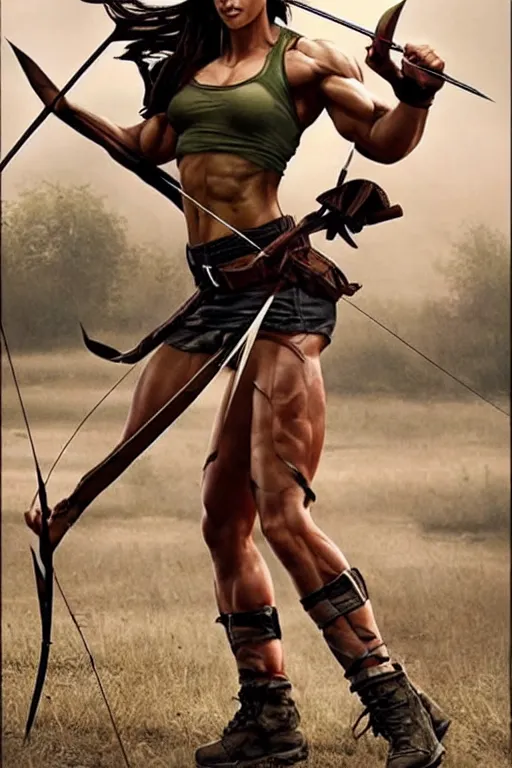 Prompt: laura croft with a bow & arrow, muscles, ripped, toned, muscular