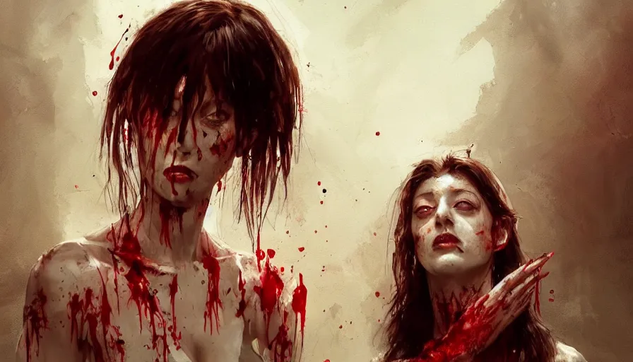 Image similar to A beautiful painting of Mia Sara as a blood stained zombie by greg rutkowski and Kalin Popov , Trending on artstation HD.