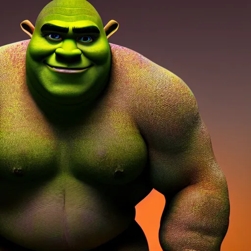 Image similar to muscular shrek with red glowing eyes, highly detailed, high quality, hd, 4 k, 8 k, canon 3 0 0 mm, professional photographer, 4 0 mp, lifelike, top - rated, award winning, realistic, sharp, no blur, edited, corrected, trending