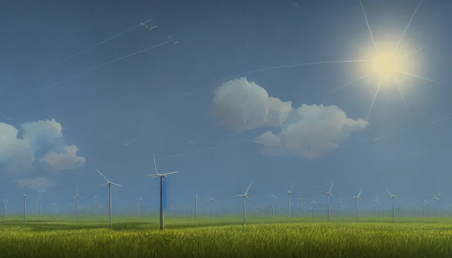 Prompt: field full of solar panels, sun in the sky, early morning, single tree, farmhouse, simon stalenhag