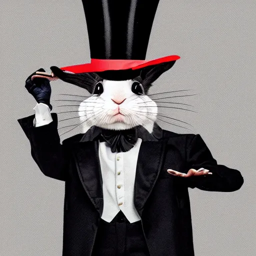 Prompt: bunny with top hat, wearing black suit with tie, performing magic tricks, hyperrealistic