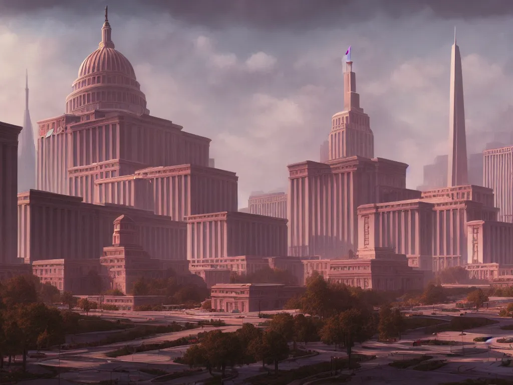 Image similar to landscape matte painting by fan wennan. communist american future capitol shining in the sun after the triumph of socialism in america, highly detailed, artstation, 8 k, photorealistic, hyperrealism, grounded rectangular communist governmental architecture, statue, imposing, strength, abundance. american communist party. america 2 0 9 8