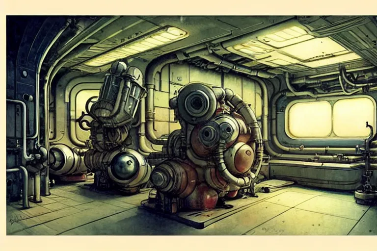 Prompt: ( ( ( ( ( 1 9 5 0 s retro science fiction space ship engine room interior scene. muted colors. ) ) ) ) ) by jean - baptiste monge!!!!!!!!!!!!!!!!!!!!!!!!!!!!!!