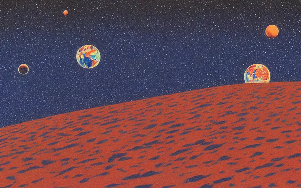 Image similar to planet earth seen from very very far away with the empty cosmic landscape on the background. Retro modern art by jean giraud.