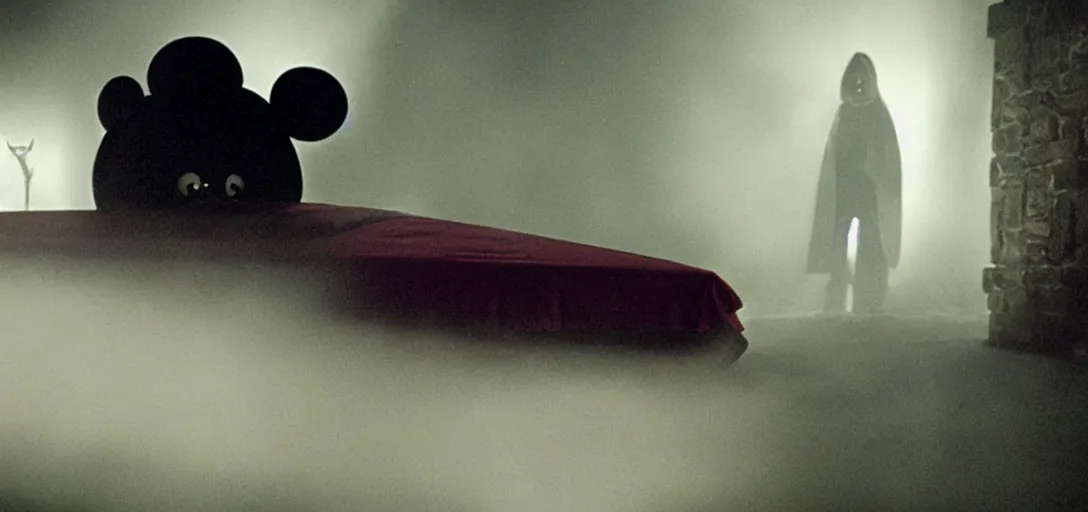 Image similar to prince of darkness as mickey mouse waking from his coffin, foggy, cinematic shot, photo still from movie by denis villeneuve, wayne barlowe