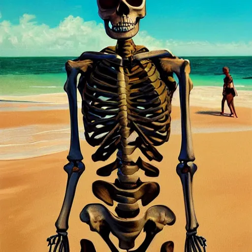 Prompt: Beautiful digital painting portrait of relaxed skeleton walking on the tropical beach with (nuclear bomb explosion in the background)!!!, by James Gurney, high quality, trending on Artstation, realistic, tropical color scheme, anatomically correct skeleton, high coherence, clear blue sky