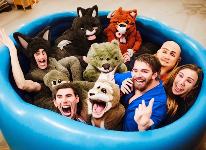 Image similar to Five furries in a ball pit having fun