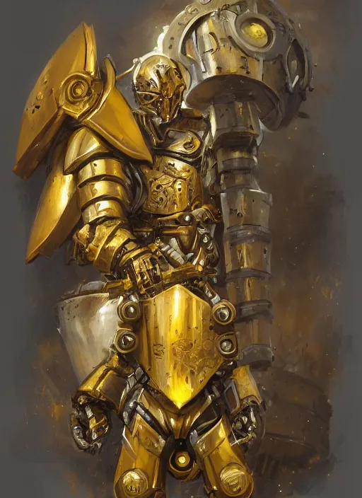 Image similar to dynamic portrait of a intricate mechanical warforged character in yellow armor holding a paladin engraved great longsword and carrying a big shield, epic , trending on ArtStation, cinematic lighting, by Jesper Ejsing