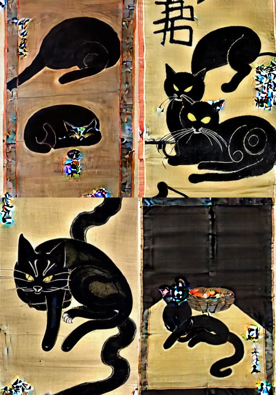 Image similar to black cat sleeping on shrine, by Shen Quan (1682—1760), trending on pixiv, HD, hanging scroll, ink and colour on silk, low saturation