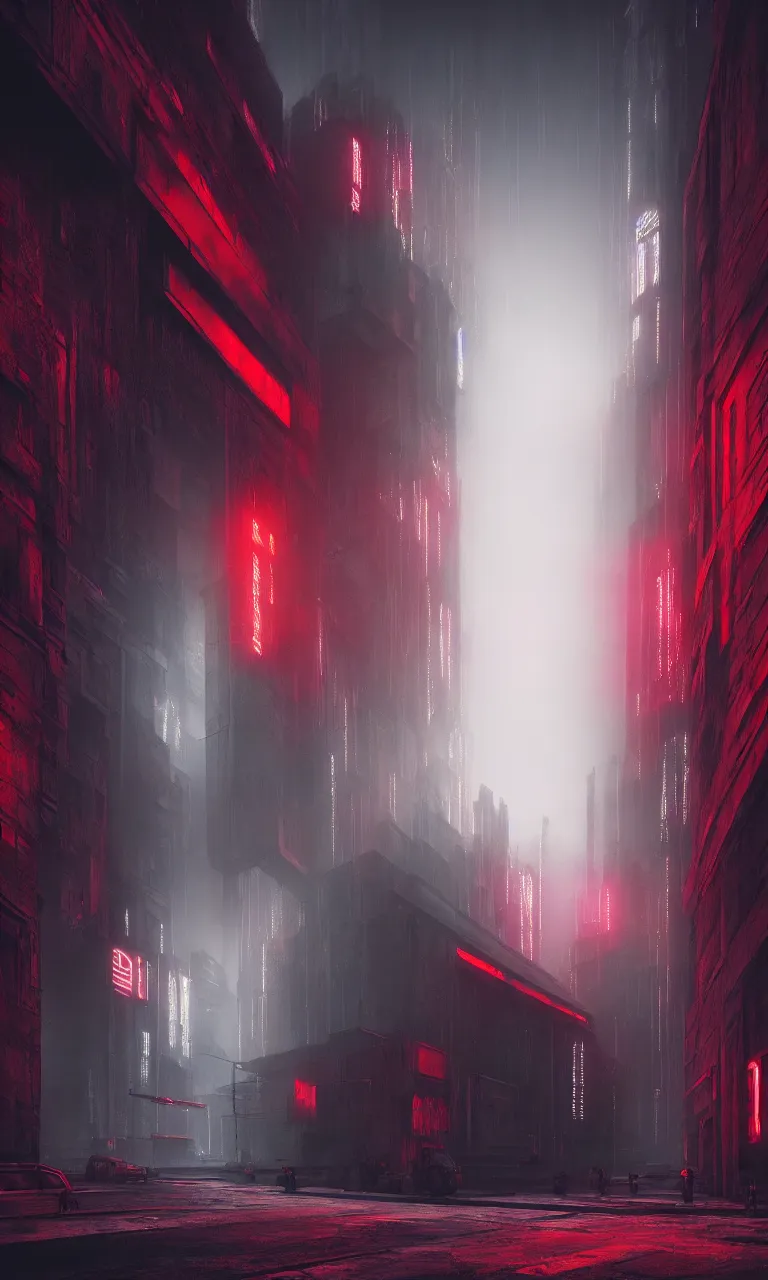 Image similar to Matte painting of dark brutalist cyberpunk cathedral with red neon signs, abandoned streets, cityscape, dark sky, hyper realism, fog, 8k, trending on artstation