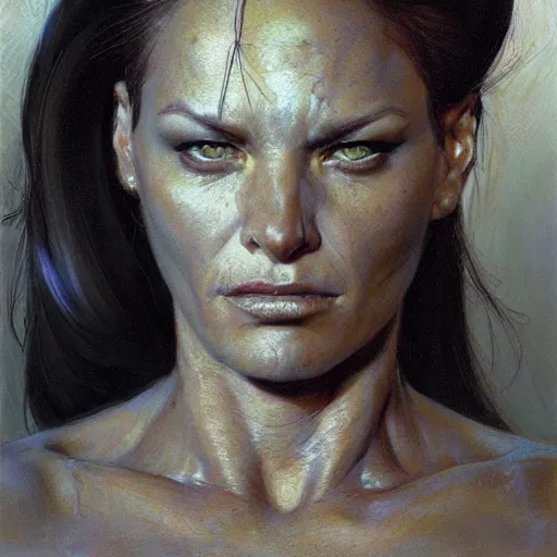 Image similar to frontal portrait of a muscular female survivor in a city, by donato giancola.