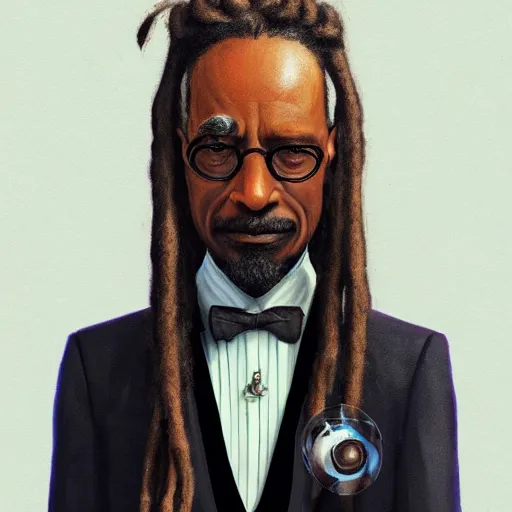 Image similar to a portrait of an older black man with dreads and a suit with a monocle on, D&D, sci-fi, elegant, hopeful, muscular, highly detailed, digital painting, artstation, concept art, smooth, sharp focus, illustration