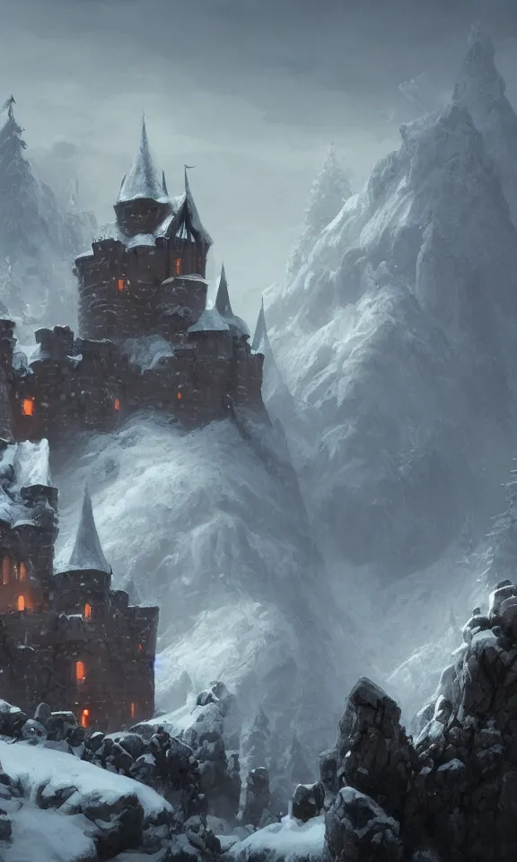 Image similar to a painting of a castle in the middle of a snowy mountain, a detailed matte painting by andreas rocha and greg rutkowski, featured on artstation, fantasy art, matte drawing, matte painting, artstation hq