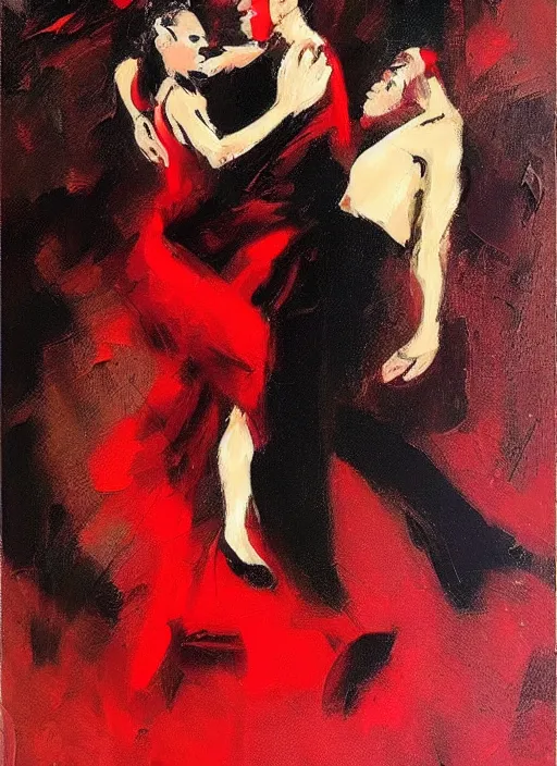 Image similar to tango dancerin in black and red dress, painting by phil hale, fransico goya,'action lines '!!!, graphic style, visible brushstrokes, motion blur, blurry, visible paint texture, crisp hd image