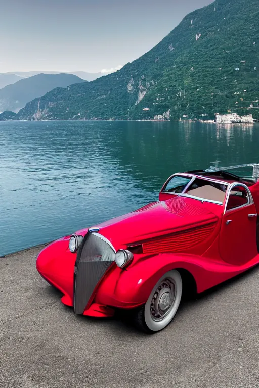 Prompt: Photo of a red 1939 Delahaye parked on a dock with Lake Como in the background, wide shot, daylight, dramatic lighting, award winning, highly detailed, 1980s, luxury lifestyle, fine art print, best selling.