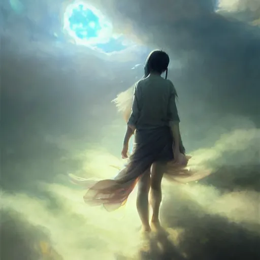 Prompt: i walk in heaven, volumetric lighting, summer, eternal, clear weather, ethereal clouds, realistic illustration, perfectly shaded, soft painting, caustics, ( ( dust ) ), ( floating light particles ) art by krenz cushart and wenjun lin