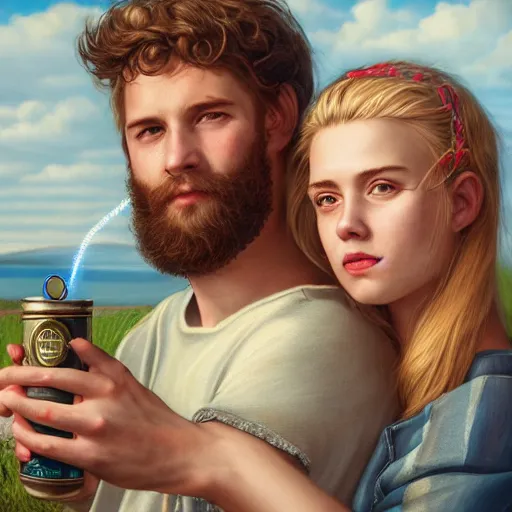 Image similar to a highly detailed portrait from behind of a young couple, holding a tin can, remote icelandic village, summer, jeans and t shirt, blonde hair, muted colors, hyper realistic, extremely realistic, realistic, by tom bagshaw, trending on artstation,