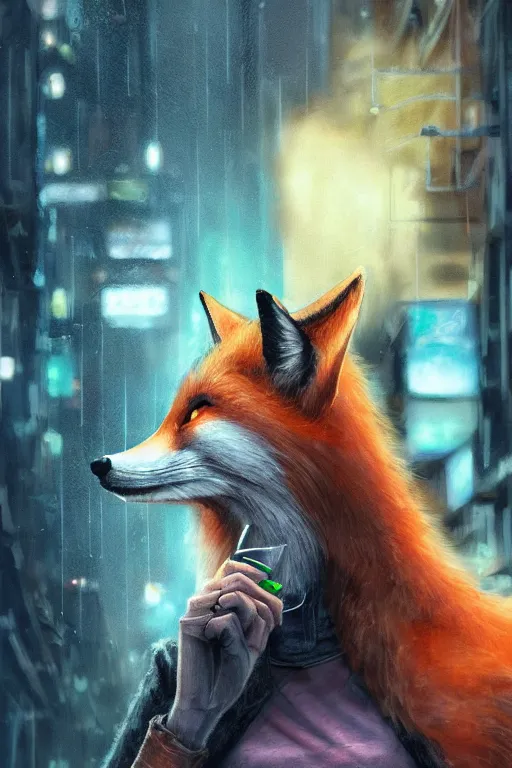 Prompt: beautiful portrait of a tall female anthro fox smoking a cigarette in a bustling crowd of a rainy city street, cyberpunk, harsh neon lights, highly detailed, sharp focus, digital painting, illustration, trending on artstation, art by sakimichan, artgerm