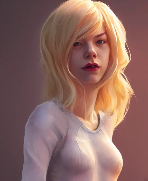 Image similar to gwen stacy female spiderman, pure white, au naturel, hyper detailed, digital art, radiant highlight, trending in artstation, cinematic lighting, studio quality, smooth render, unreal engine 5 rendered, octane rendered, art style by klimt and nixeu and ian sprigger and wlop and krenz cushart.