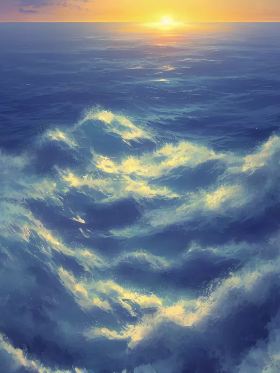 Image similar to a beautiful illustration of the ocean at sunrise by Makoto Shinkai