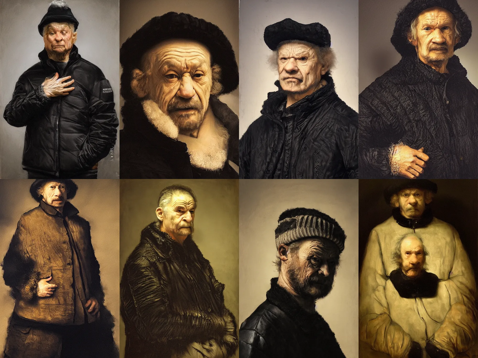 Prompt: middle-age angry man in black adidas winter jacket, expressive beautiful portrait, Rembrandt lighting, painting by Rembrandt