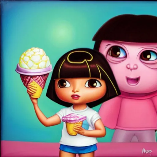 Prompt: dora the explorer as real girl holding ice cream, Pop Surrealism lowbrow art style, by Mark Ryden, artstation