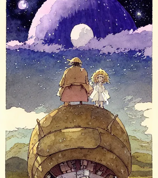 Image similar to hyperrealist studio ghibli watercolor fantasy concept art of an immense ufo from howl's moving castle sitting on stonehenge like a stool. it is a misty starry night. by rebecca guay, michael kaluta, charles vess