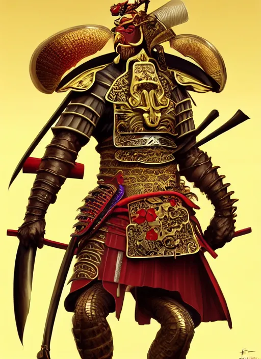 Image similar to a anthropomorphic banana wearing samurai armor, diffuse lighting, fantasy, intricate, elegant, highly detailed, lifelike, photorealistic, digital painting, artstation, illustration, concept art, smooth, sharp focus, art by frank frazetta and marco bucci and loish and rossdraws and artgerm and alphonse mucha