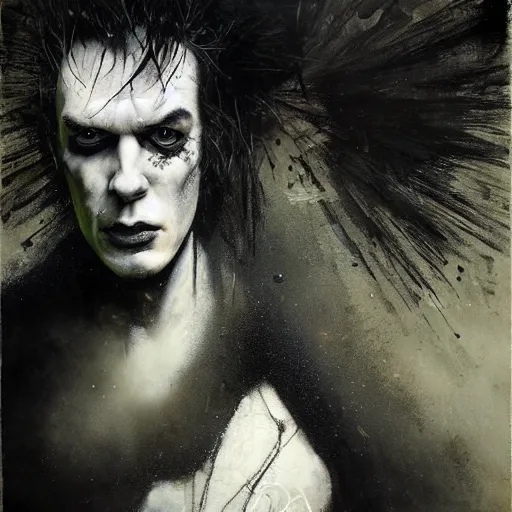 Image similar to stunning portrait of gaunt sid vicious a ( the cure fan ) as dream from sandman, dim stars as eyes, by jeremy mann, by cedric peyravernay, by by russ mills, by richard avedon and ben templesmith, dramatic lightning, sadness, dark eye sockets, in the shadows, punk rock, gothic, high detailed, 8 k