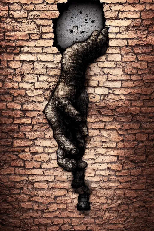 Image similar to giant crack hole on the brick concrete wall, hand coming from inside the crack reaching towards camera hand is holding a dirty ealistic teddybear. gloomy, intricate, elegant, highly detailed, digital painting, artstation, concept art, addiction, chains, smooth, sharp focus, illustration, art by ilja repin