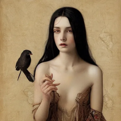Image similar to highly detailed ilustration of a beautiful cute girl with birds, endless black hair, with pale skin, by nicola samuri, by dino valls, by m. w. kaluta, rule of thirds, seductive look, 4 k resolution