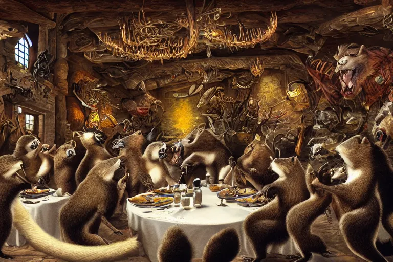 Prompt: badgers and weasels in a banquet hall having a feast together as friends, fantasy art, furry art, artastation, 4k