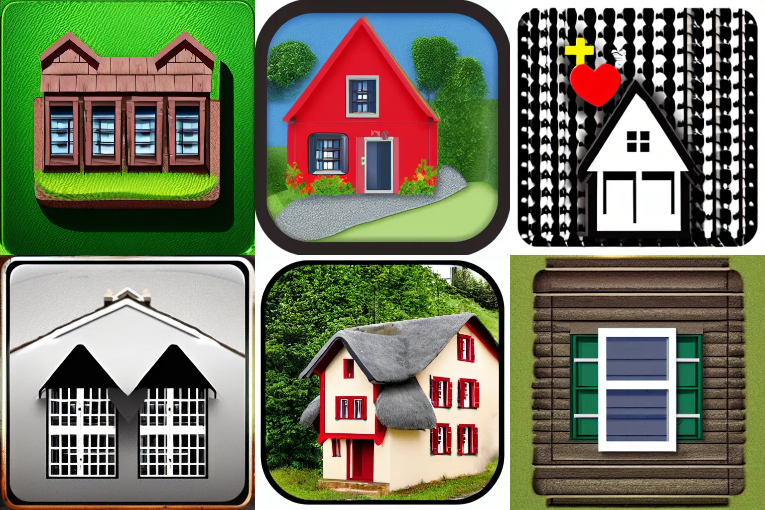 Prompt: app icon featuring a simplistic swiss cottage with hearts on the window shutters