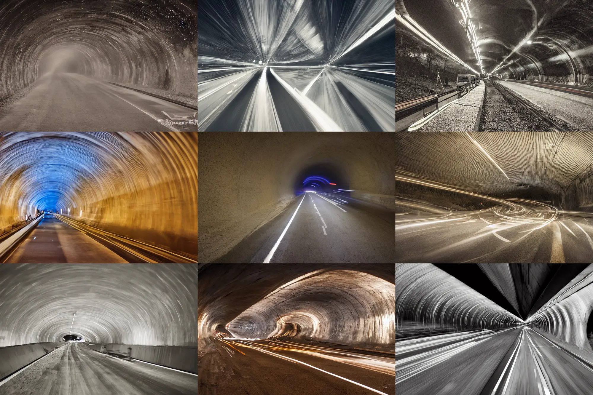 Prompt: speeding through the tunnel, night, headlights, ceiling lights, light at the end of the tunnel, long exposure, night time photography