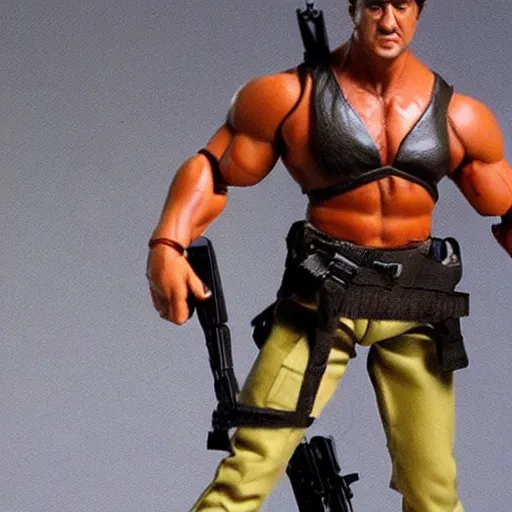 Image similar to Whole body and head are in the picture. 12 inch full body lifelike action figure of Stallone as Rambo. Big muscles. Holding a fully automatic rifle