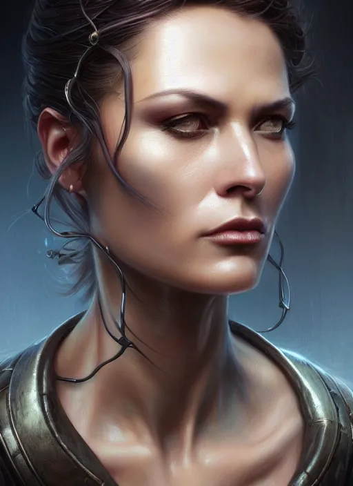 Image similar to closeup portrait shot of a female detective in a scenic cyberpunk mystery environment, intricate, elegant, highly detailed, centered, digital painting, artstation, concept art, smooth, sharp focus, illustration, artgerm, tomasz alen kopera, peter mohrbacher, donato giancola, joseph christian leyendecker, wlop, boris vallejo