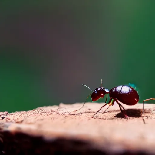 Prompt: macro photo of an ant drinking water, close - up photo, hyper realistic, bokeh.