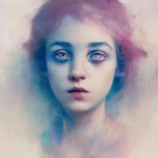 Prompt: beautiful portrait of Alice in wonderland by cy Twombly and BASTIEN LECOUFFE DEHARME, iridescent, volumetric lighting, light blue and white